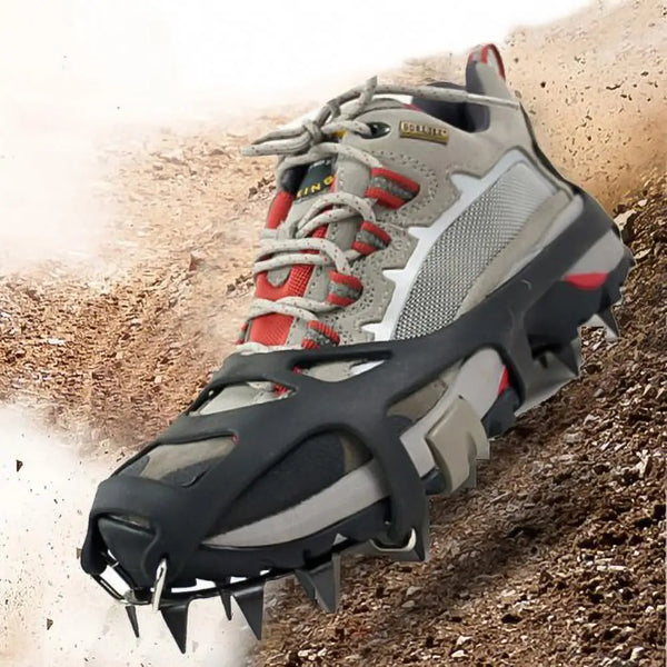 Anti-slip ice cleats fitted to a boot for grip on ice and snow