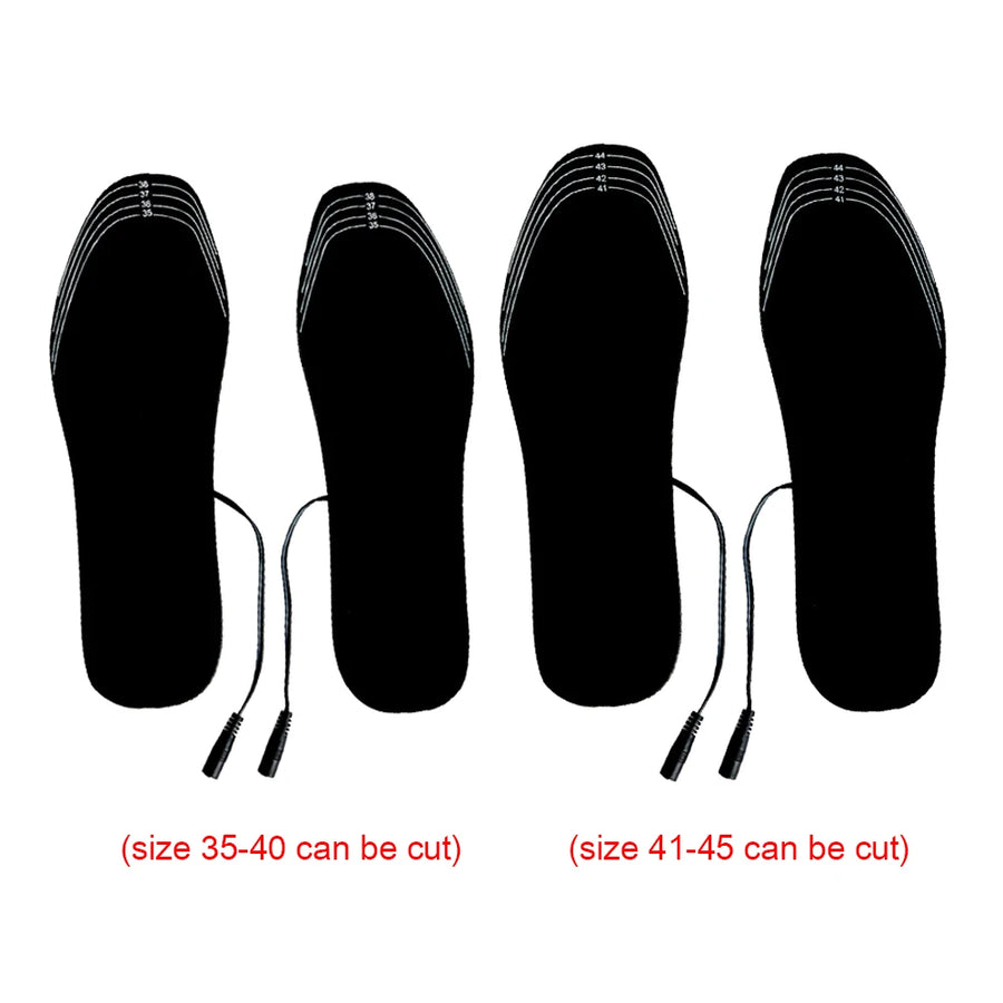 USB rechargeable heated insoles with adjustable heat settings, trimmable to fit