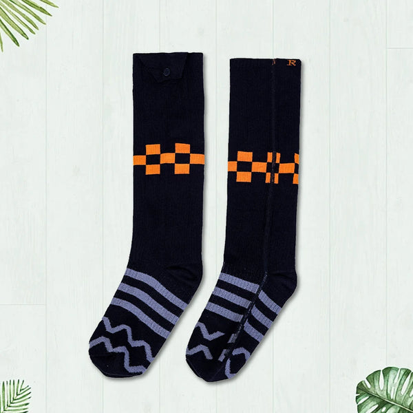 Rechargeable battery heated socks with cuff battery pack